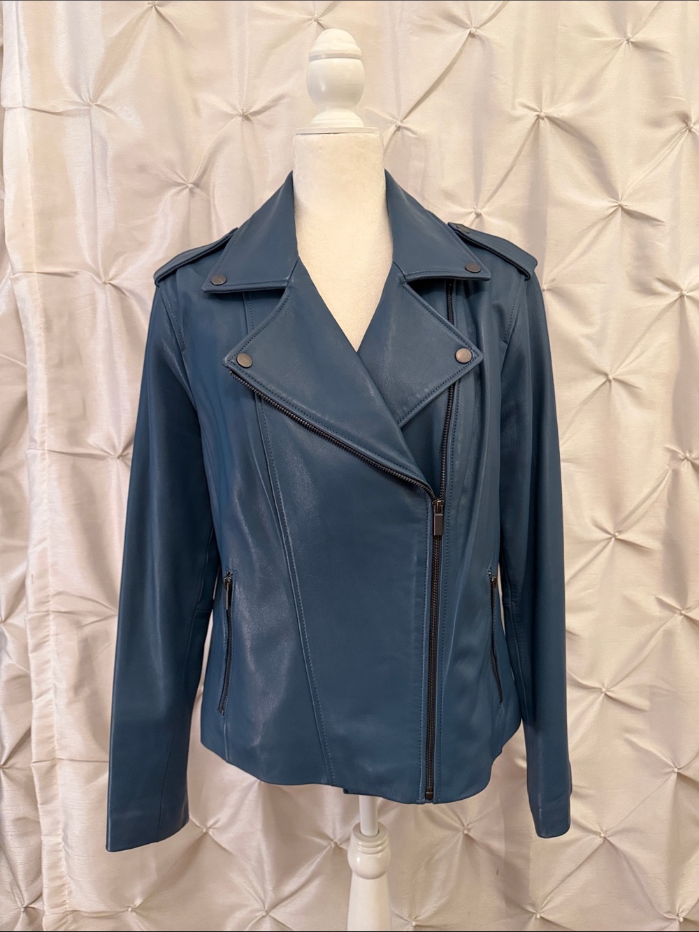 Neiman Marcus Slate Blue Leather Moto Jacket